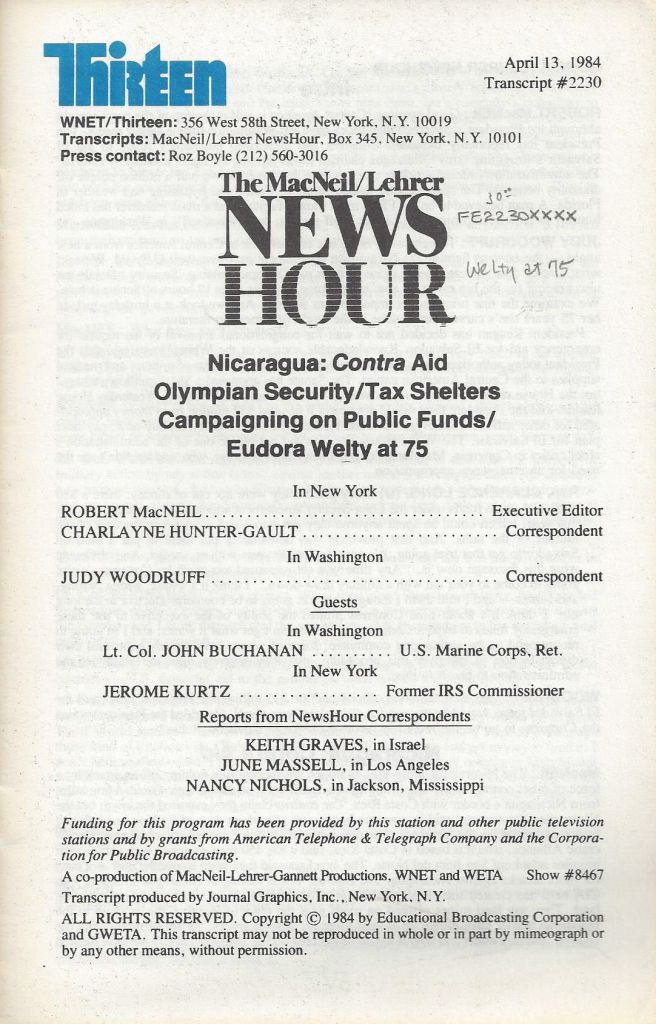 The MacNeil Lehrer News Hour: Eudora Welty at 75